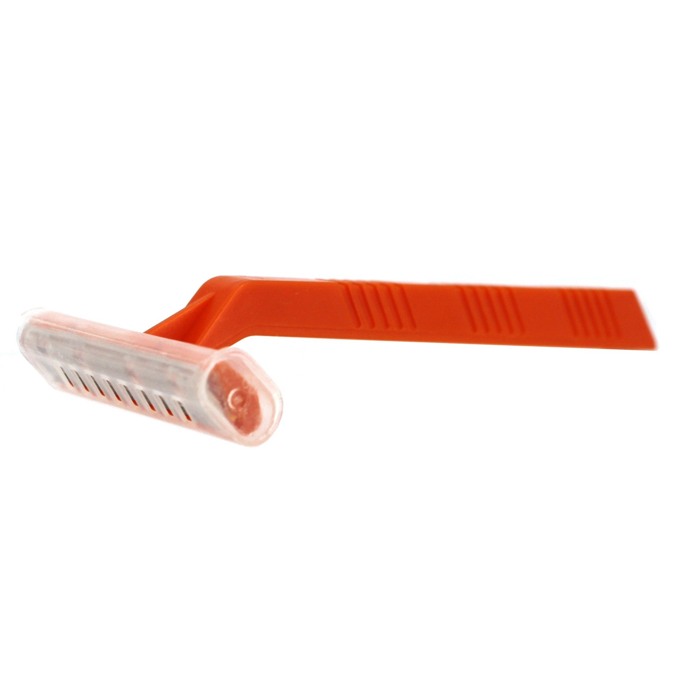Orange disposable razor with plastic blade cover.